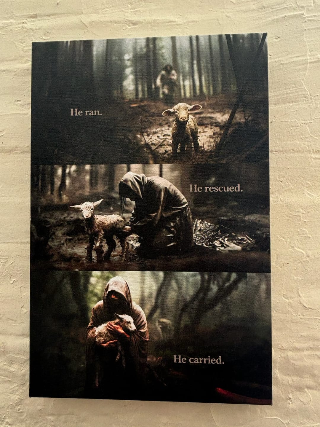 Customer photo review of He Ran, He Rescued, He Carried, Jesus and Lost Sheep, Wall Art Canvas