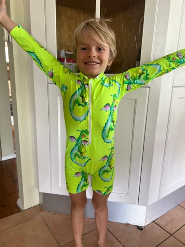 Customer photo review of Fluro Dragon Unisex Long Sleeve Zip Swimmers