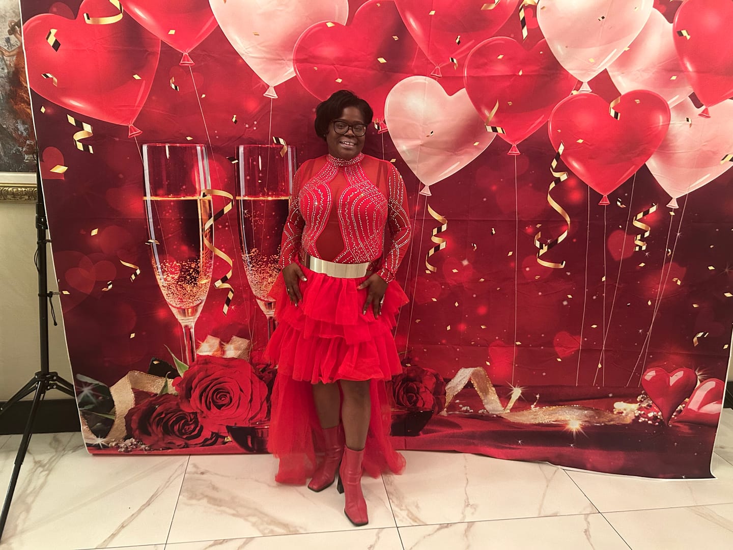 Customer photo review of ANYA RHINESTONE MESH EXCLUSIVE BODYSUIT ( Red)