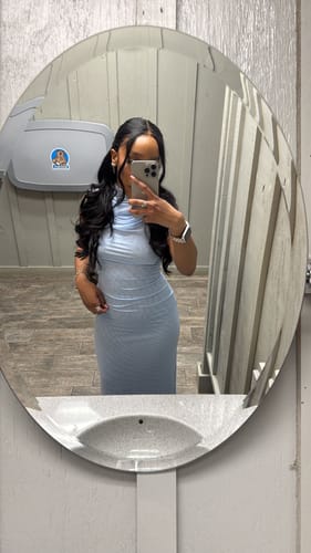 Customer photo review of Mesh Drape Cap Sleeve Maxi Dress