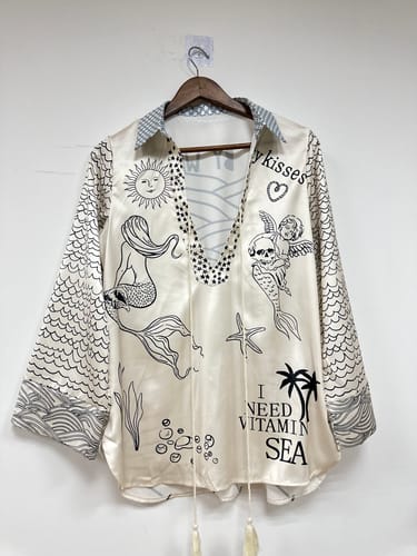 Customer photo review of Live By Water Satin Unique Letter Print Tassle Shirt and Elastic Waist Shorts Set