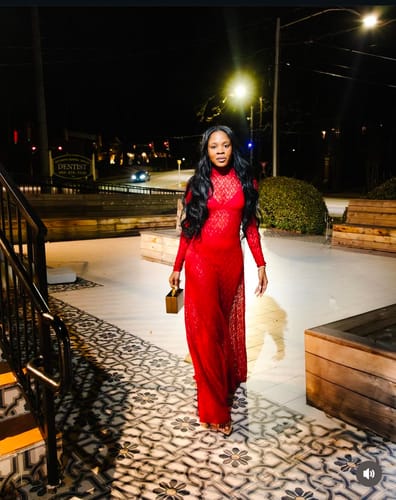 Customer photo review of Stretch Lace Turtleneck Maxi Dress