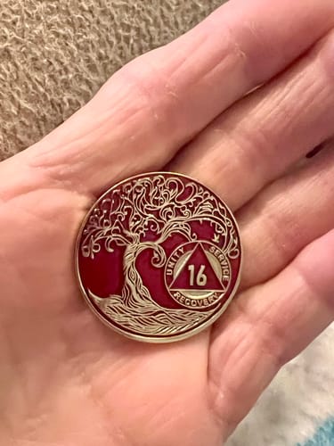 Customer photo review of 16 Year Sobriety Mint Twisted Tree of Life Gold Plated AA Recovery Medallion - Sixteen Year Chip/Coin - Red