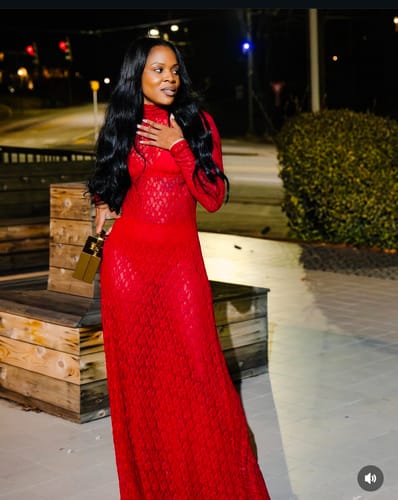 Customer photo review of Stretch Lace Turtleneck Maxi Dress