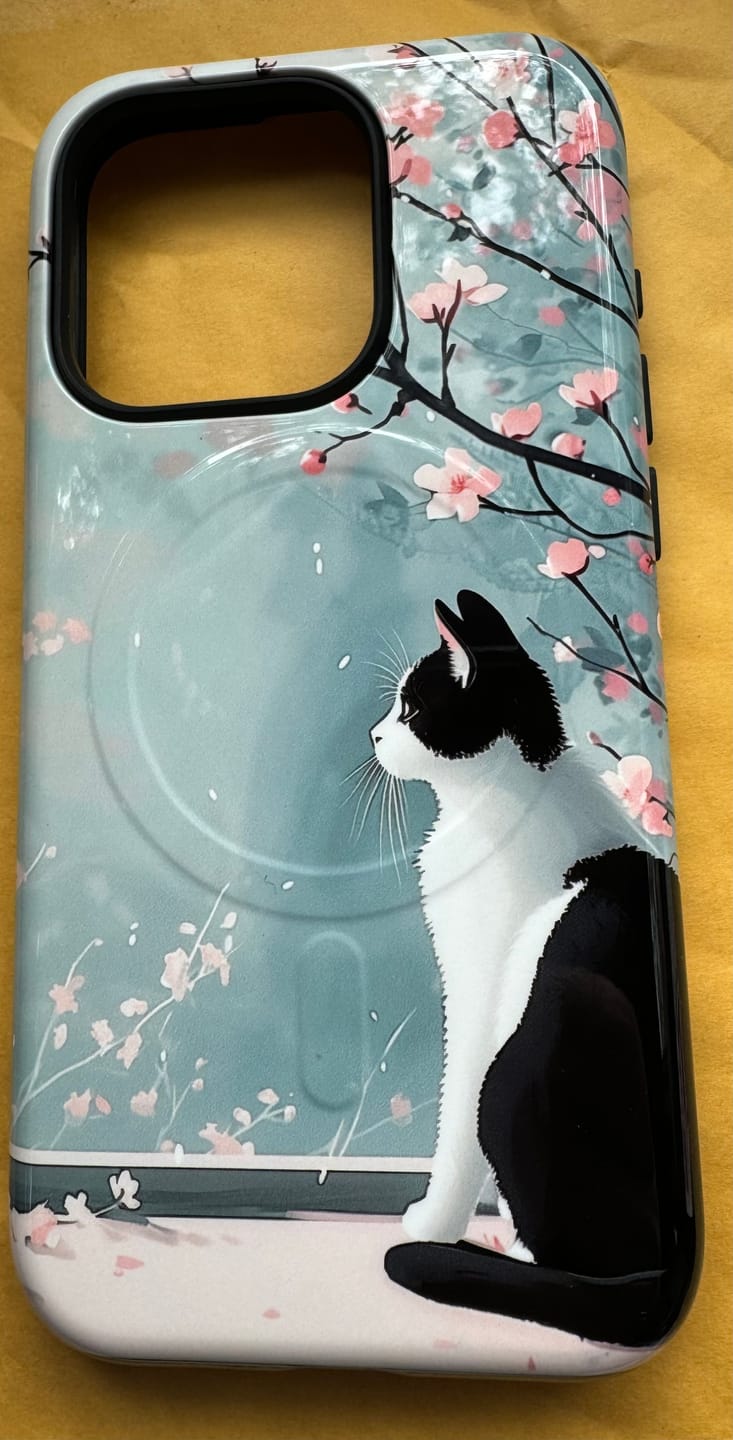 Customer photo review of Cat Enjoying Sakura in Serenity Drawing Design iPhone Case