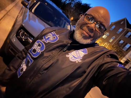 Customer photo review of Personalized Phi Beta Sigma Bomber Jackets Black PBS Steel Man Style