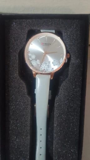 Customer photo review of Leather Quartz Wristwatch Floral Dial — Light Blue | KIMLUD