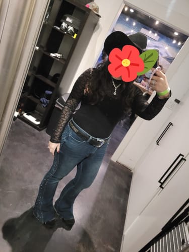 Customer photo review of Judy Blue Mid Rise Rhinestone Side Panel Detail Flares