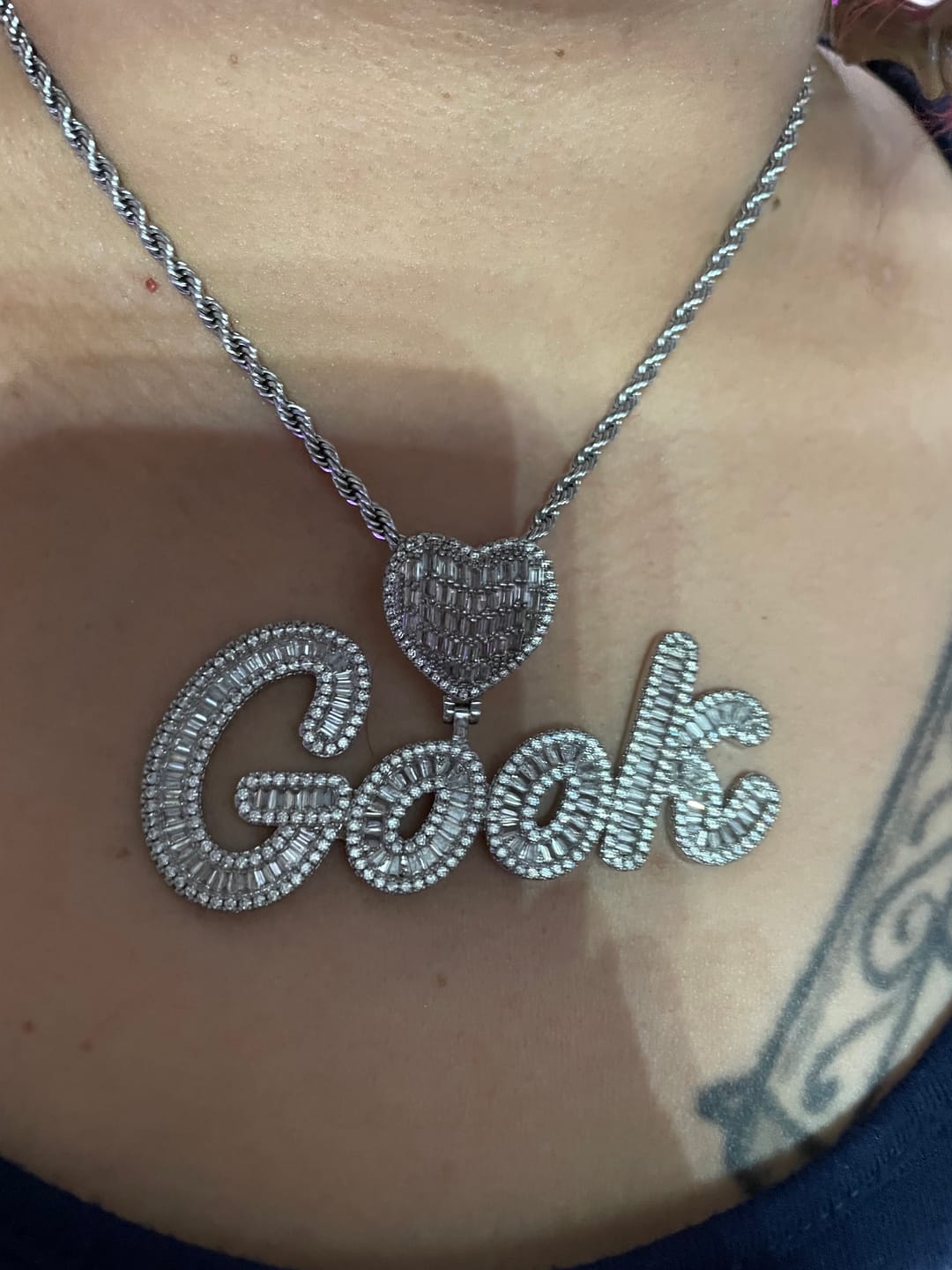 Customer photo review of ICED HEART CUSTOM CURSIVE NAME BAGUETTE NECKLACE