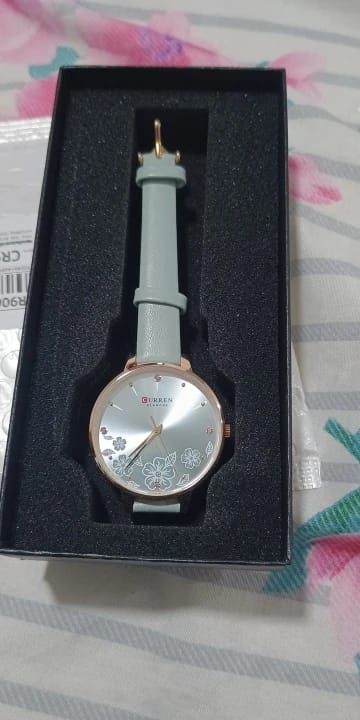 Customer photo review of Leather Quartz Wristwatch Floral Dial — Light Blue | KIMLUD