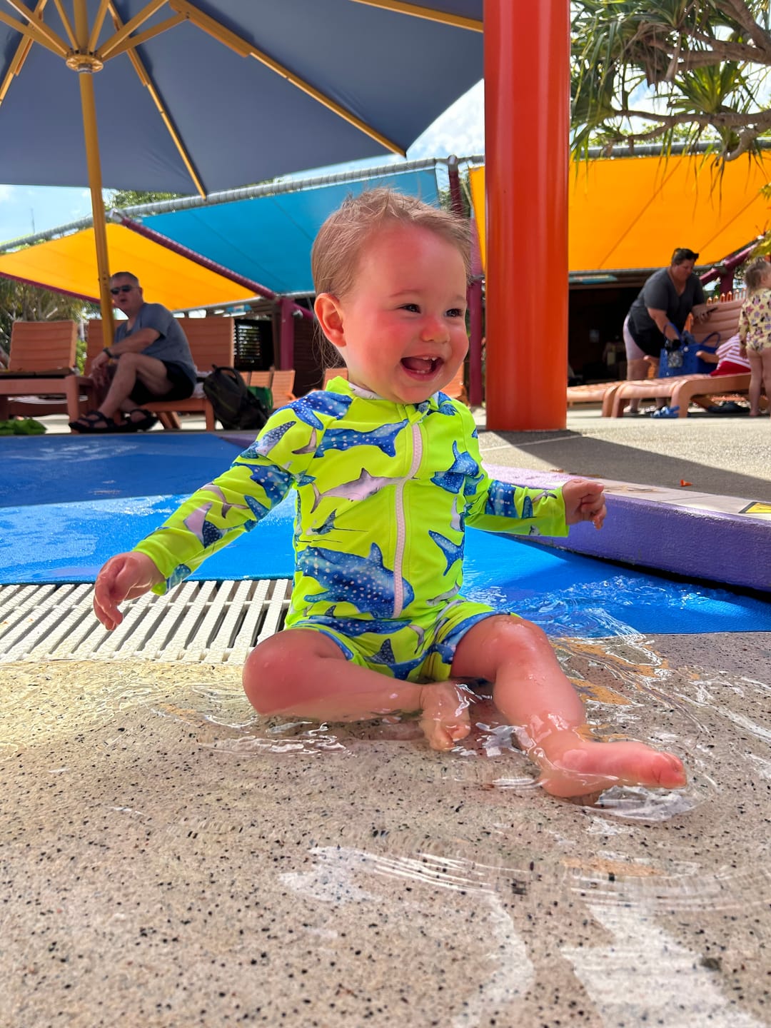 Customer photo review of Fluro Green Sharks Unisex Long Sleeve Zip Swimmers