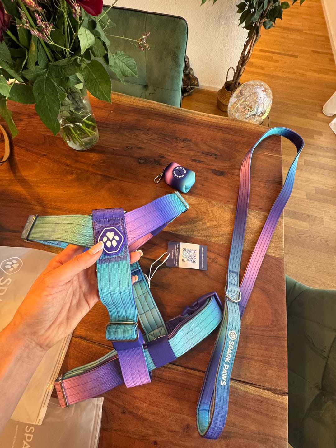 Customer photo review of Leash and Poop Bag Holder Set - 90s Retro