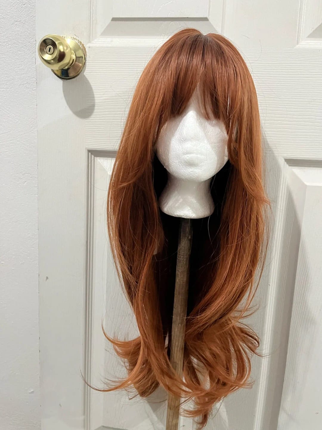 Customer photo review of Synthetic Long Straight Wig With Bangs — Red Brown Copper Ginger | KIMLUD