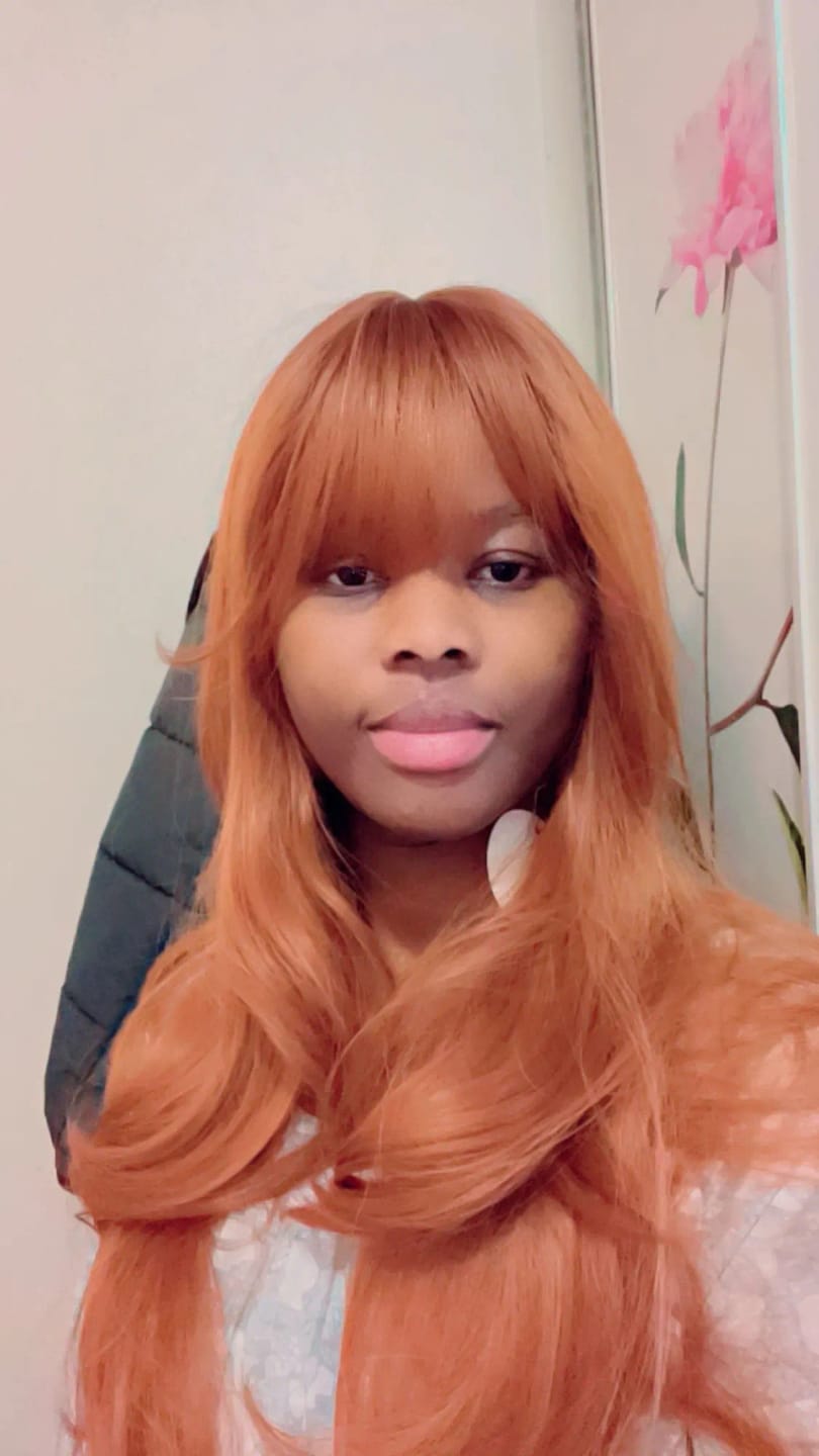 Customer photo review of Synthetic Long Straight Wig With Bangs — Red Brown Copper Ginger | KIMLUD