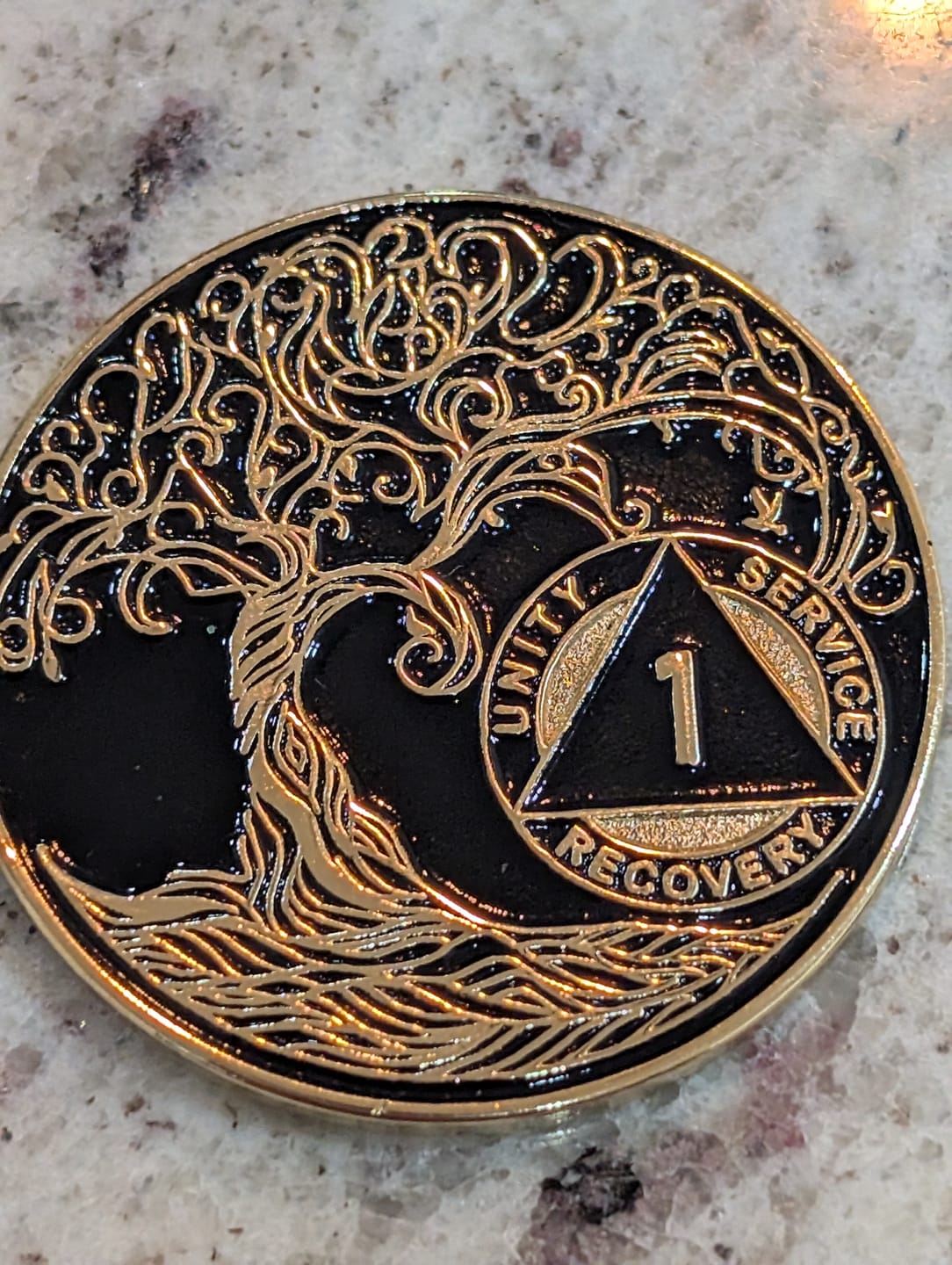 Customer photo review of 1 to 65 Year Sobriety Mint Twisted Tree of Life Gold Plated AA Recovery Medallion/Chip/Coin - Black + Velvet Box