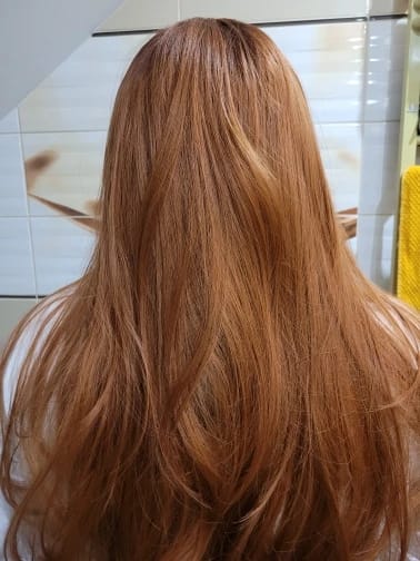 Customer photo review of Synthetic Long Straight Wig With Bangs — Red Brown Copper Ginger | KIMLUD