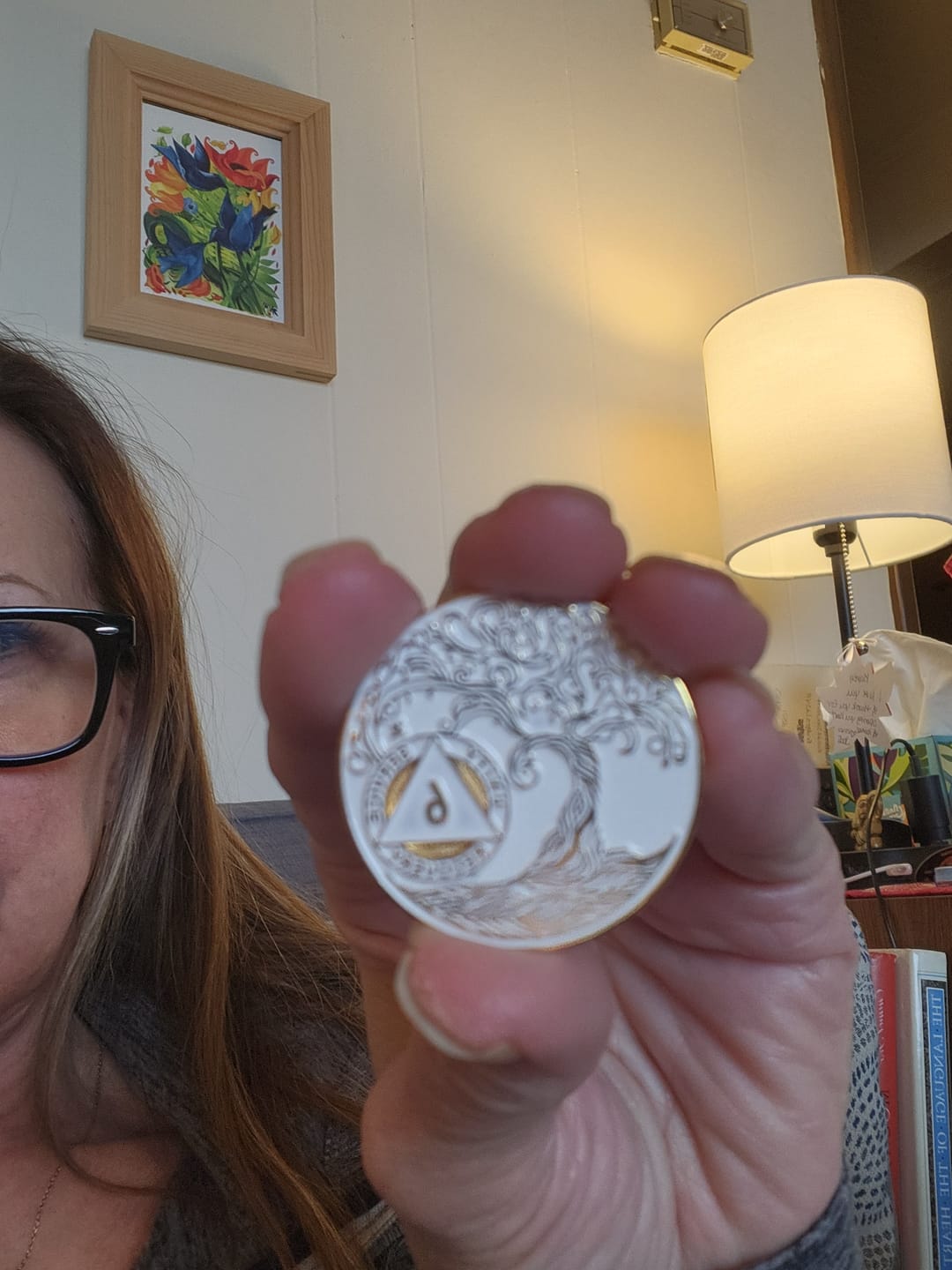 Customer photo review of 1 to 50 Year Sobriety Mint Twisted Tree of Life Gold Plated AA Recovery Medallion/Chip/Coin - White