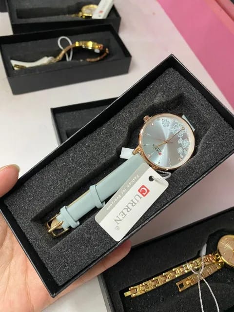 Customer photo review of Leather Quartz Wristwatch Floral Dial — Light Blue | KIMLUD