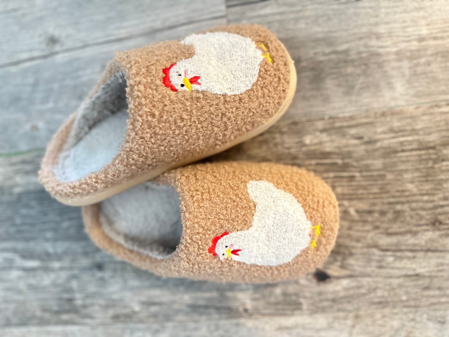 Customer photo review of Brown Fuzzy Chicken Slippers - Adult