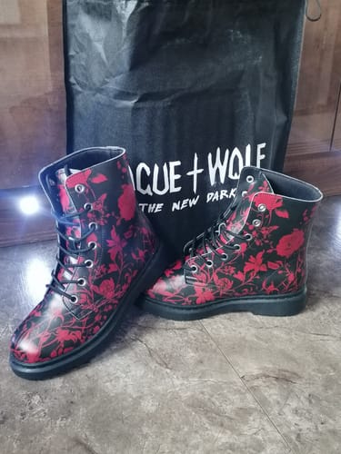 Customer photo review of Blood Rose Romance Boots - Vegan Leather Doc-Style Boots with Durable Stitched on Soles
