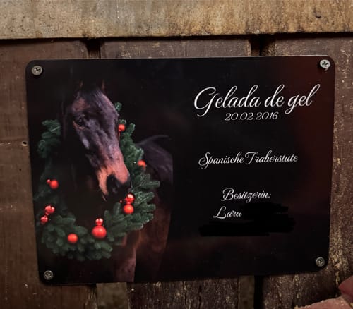 Customer photo review of Pferde Boxenschild mit Foto & Wunschtext (UV- und wetterfest)