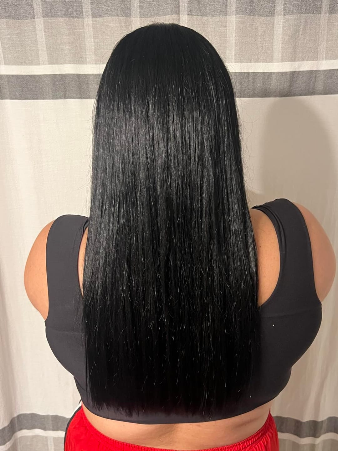 Customer photo review of Virgin Hair Jet Black Weft Hair Extensions Human Hair Bundles (#1)