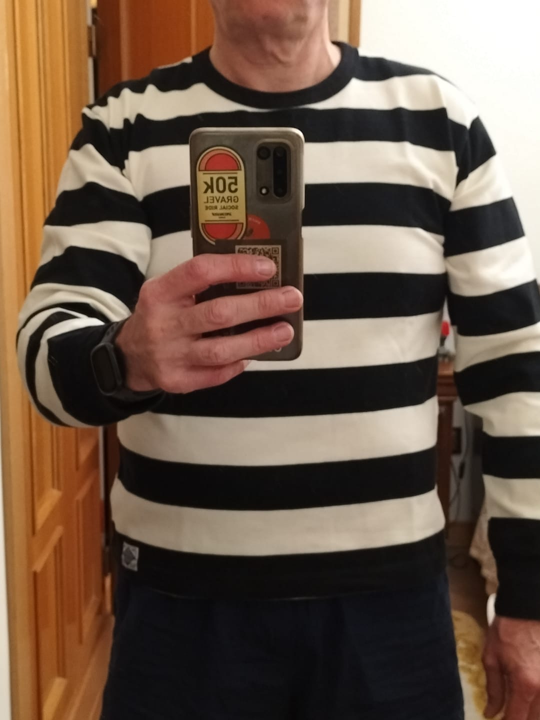 Customer photo review of 9 oz Wide Striped Long Sleeve T-Shirt