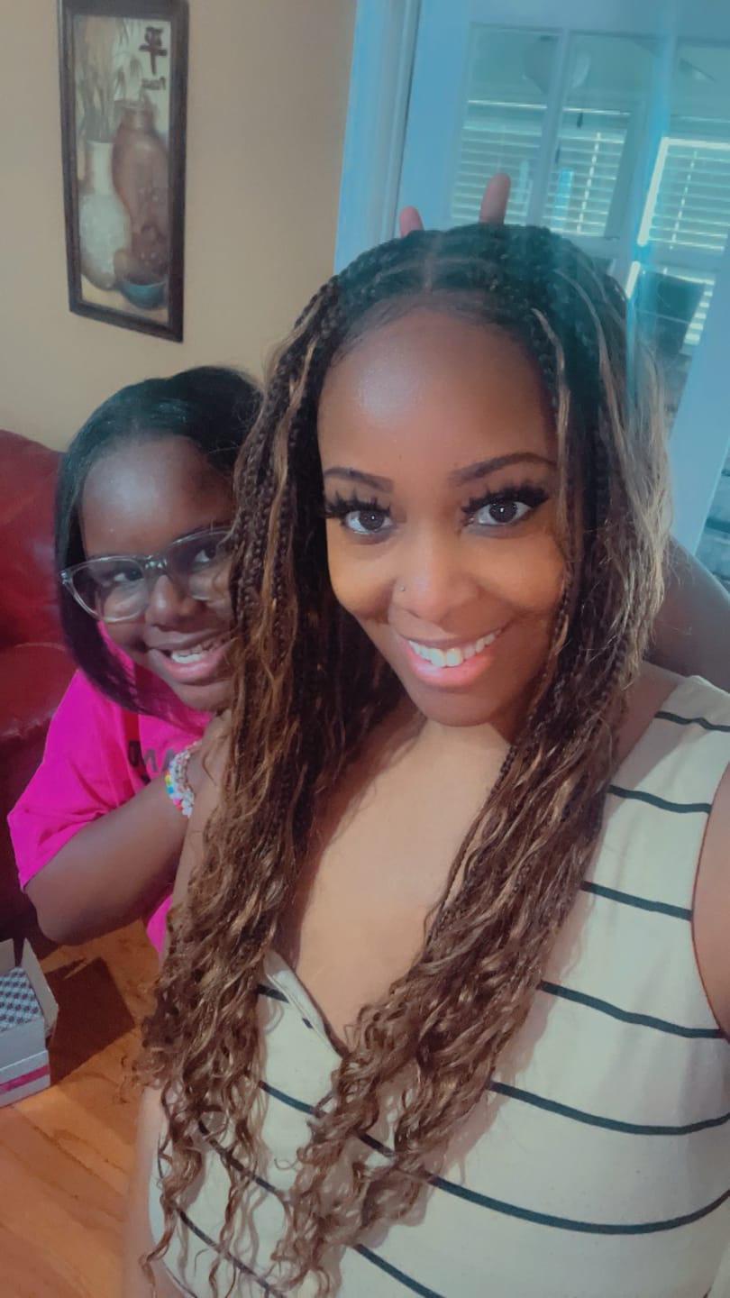 Customer photo review of Kiki -  24" Pre Bleached Human Hair Lace Base Swiss HD Full Lace Human Hair Curls Boho Box Braided Wig