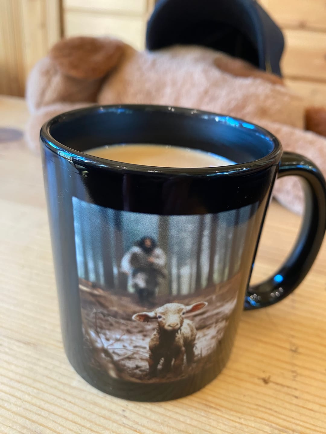 Customer photo review of Jesus Running After a Lost Lamb, Jesus and Lamb Picture, Coffee Mug (Without Text)