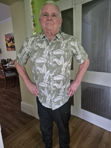 Customer photo review of Men's Light Green Hawaiian Soft Tropical Leaf Beach Holiday Cotton Breathable Button Up Short Sleeve Shirt