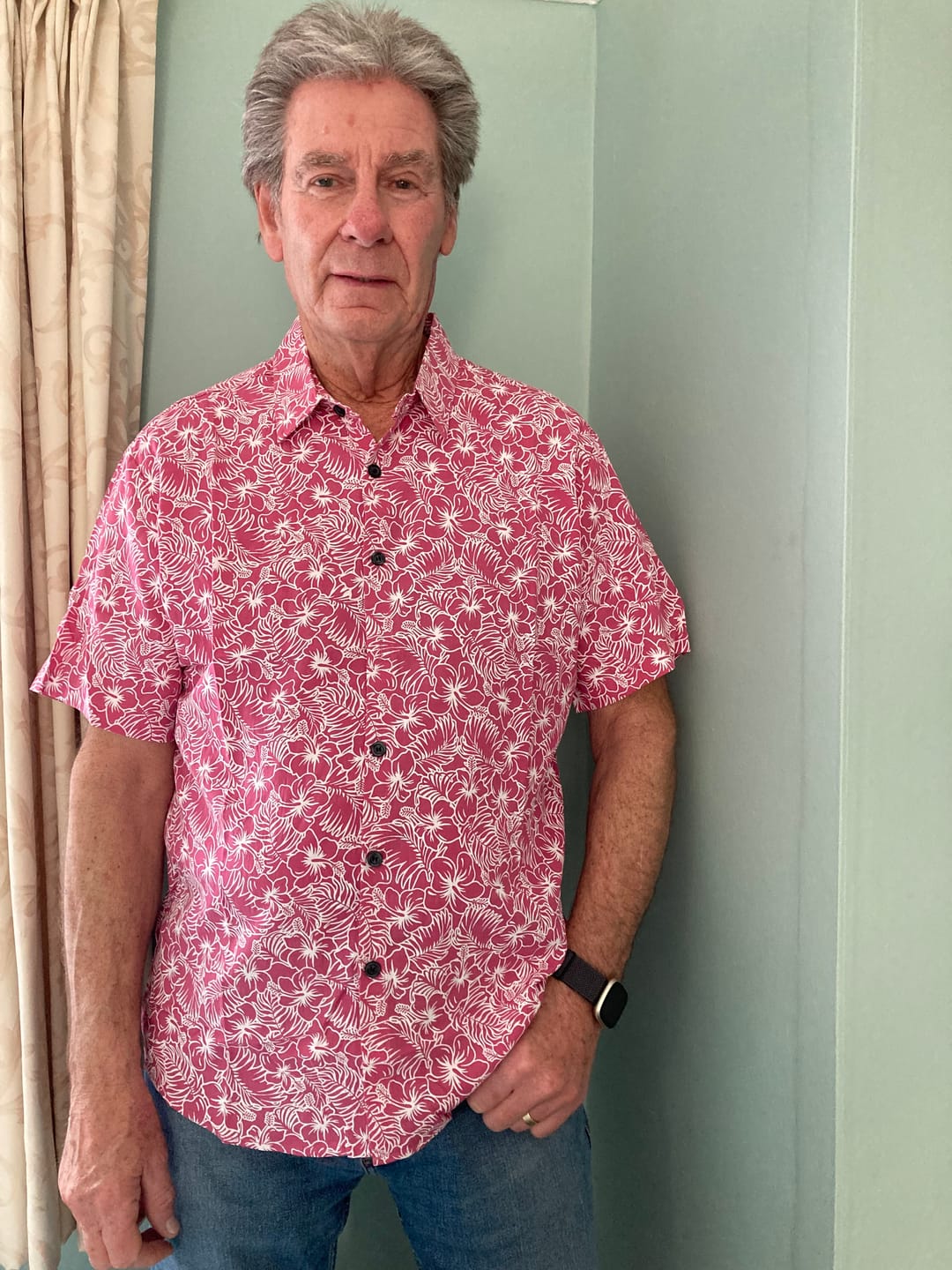 Customer photo review of Men's Cotton Floral Holiday Flower Print Button Up Beach Pink Hawaiian Short Sleeve Shirt