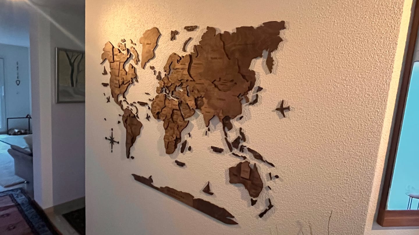 Customer photo review of 3D Wooden World Map Dark Walnut