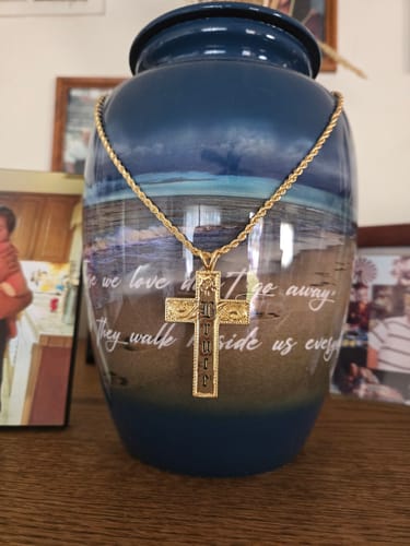 Customer photo review of 10mm Honu Heirloom Cross Personalized Necklace