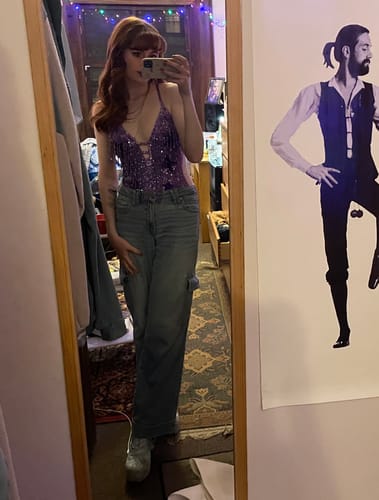 Customer photo review of Lilac Stargazer Sequin Bodysuit