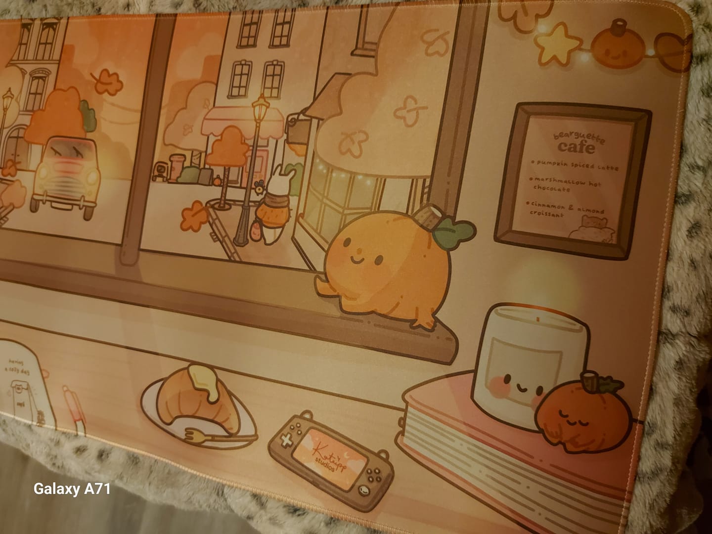 Customer photo review of Cosy Autumn Gaming Desk Pad | Kawaii Fall Desk Mat | Pumpkin Café Scene for Cute Workspace Decor