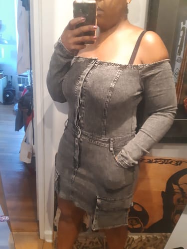 Customer photo review of Valencia Off Shoulder Denim Midi Dress