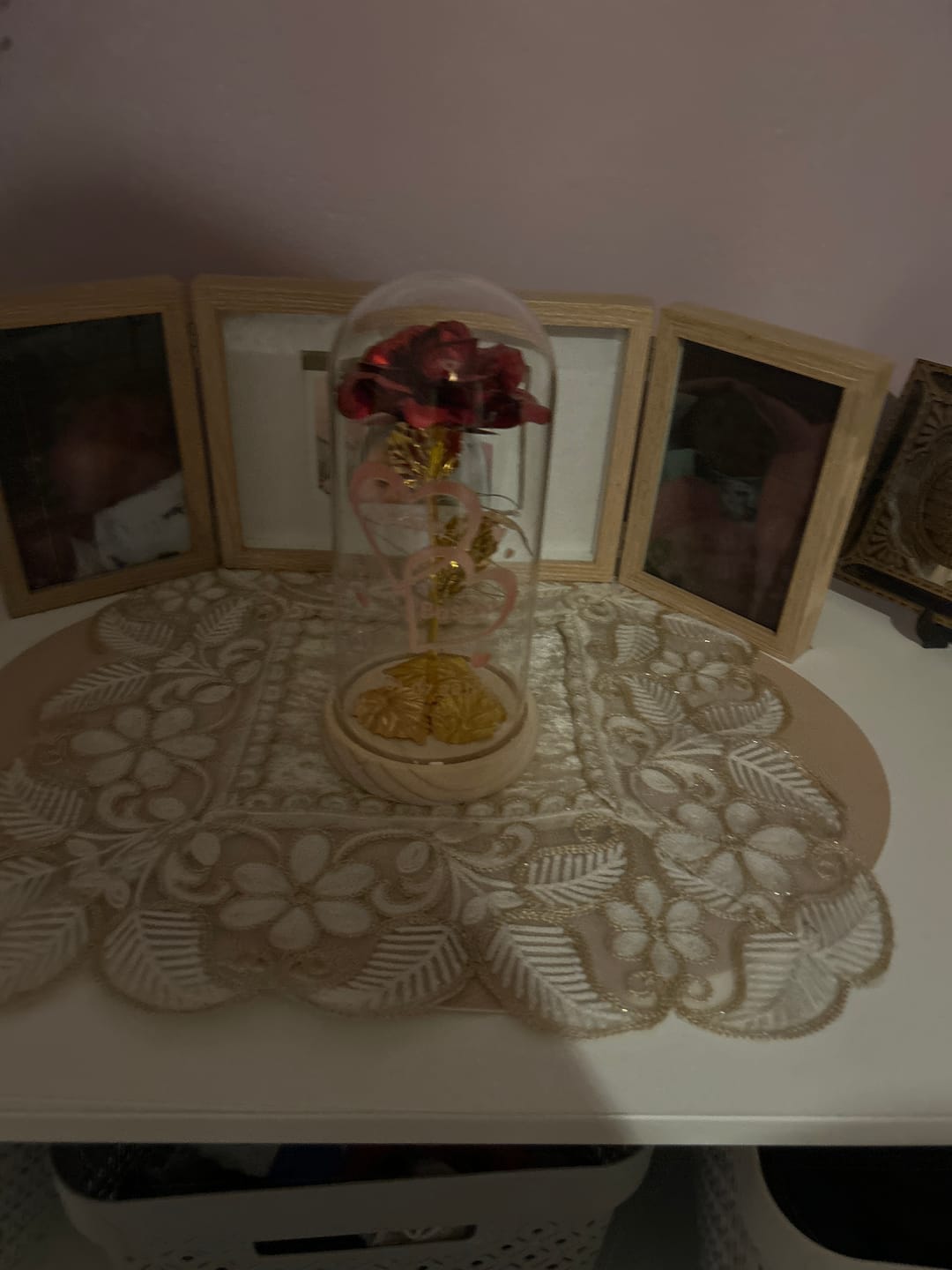 Customer photo review of Je t'aime - Rose éternelle sous cloche en verre avec lumière LED personnalisée avec noms et date anniversaire