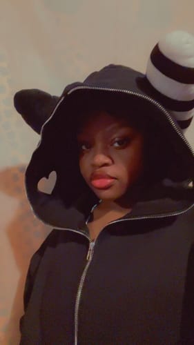 Customer photo review of Plush Ear Bunny Hoodie – Black