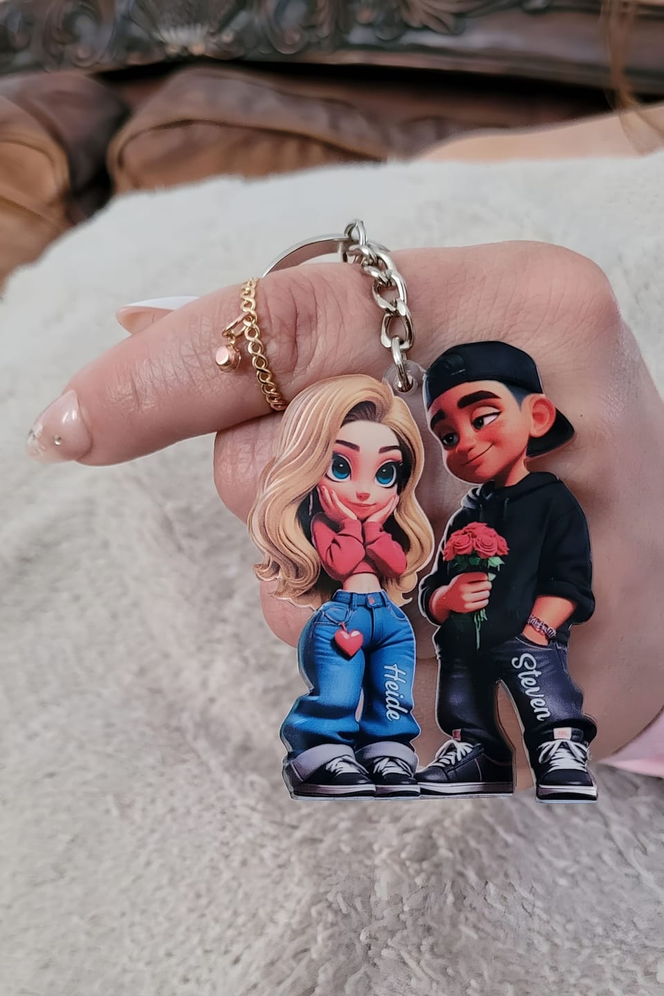 Customer photo review of 3D Effect Y2K Couple Personalized Acrylic Keychain, Valentine's Day Gift For Couple, for him, for her