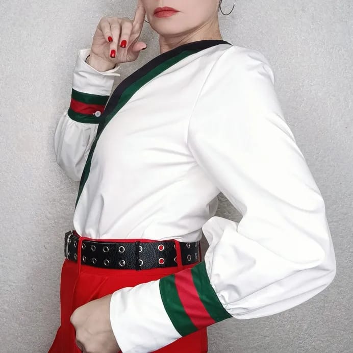 Customer photo review of V-Neck Patchwork Blouse Long Sleeve — Ivory | KIMLUD