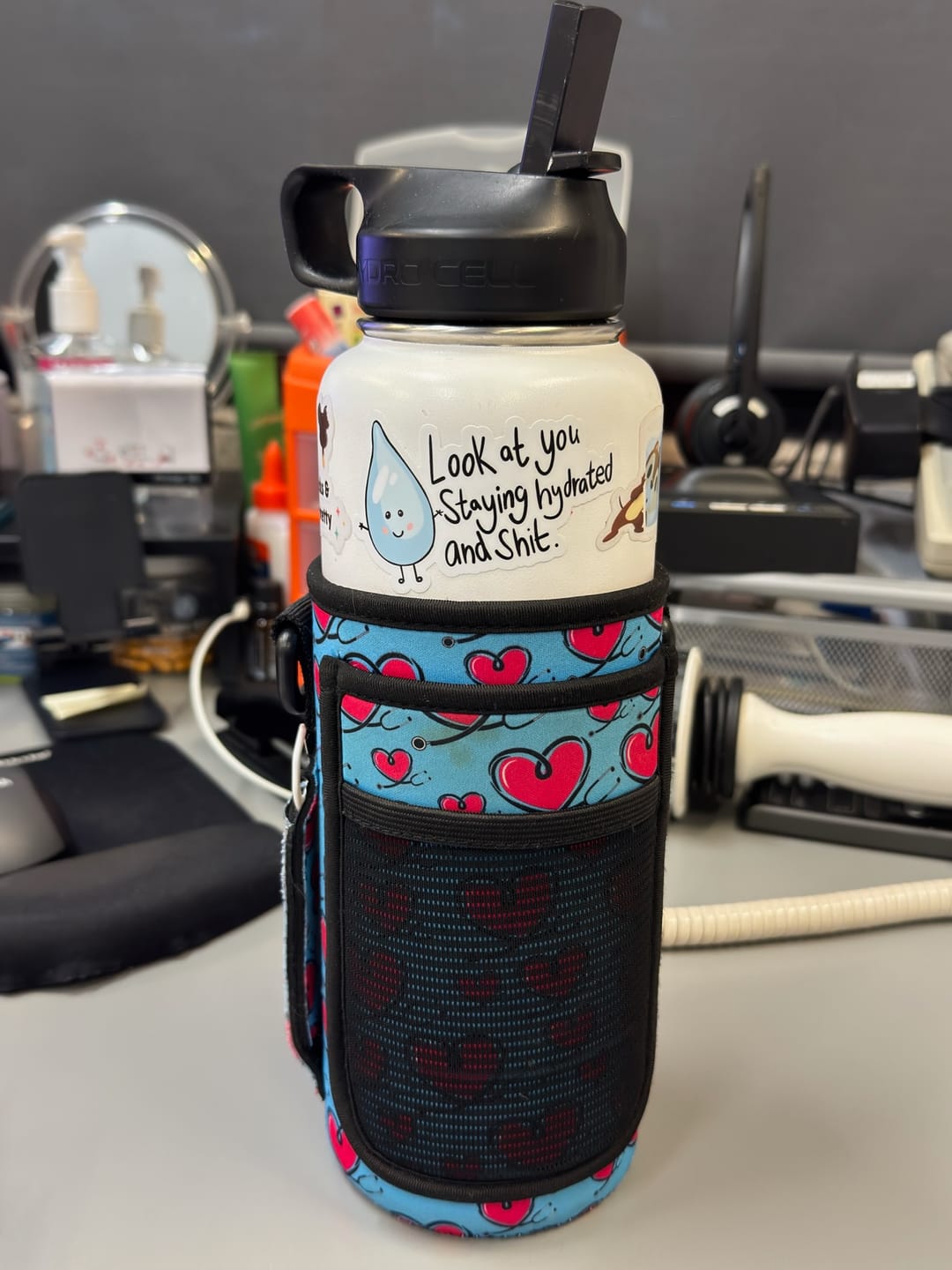 Customer photo review of "Look At You Staying Hydrated And Shit" Water Bottle Sticker