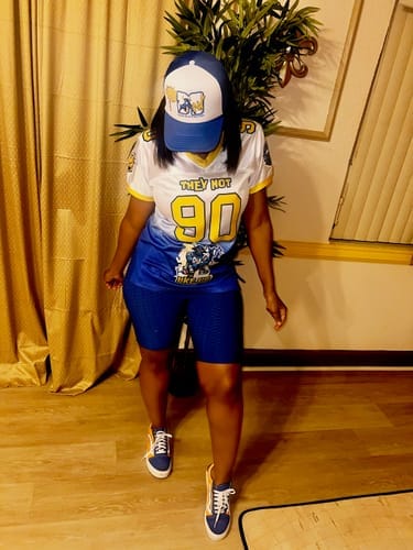 Customer photo review of Custom White Royal-Black Classic Style Mesh Authentic Football Jersey