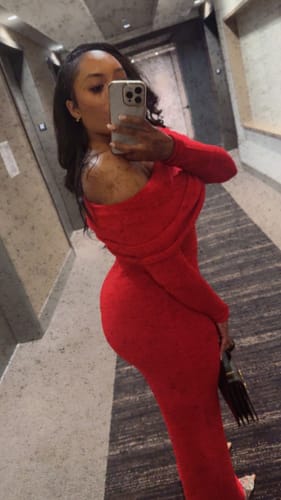 Customer photo review of Bouclé Knit Off-Shoulder Maxi Dress