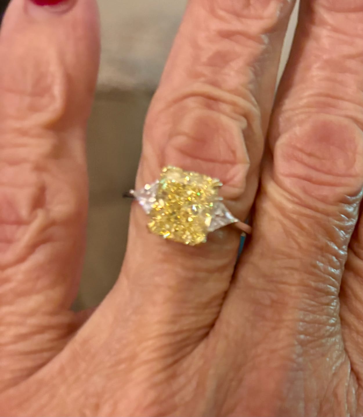 Customer photo review of S925 4.0Ct Radiant & Triangle Cut Yellow Stone Three Stone Engagement Ring In Sterling Silver