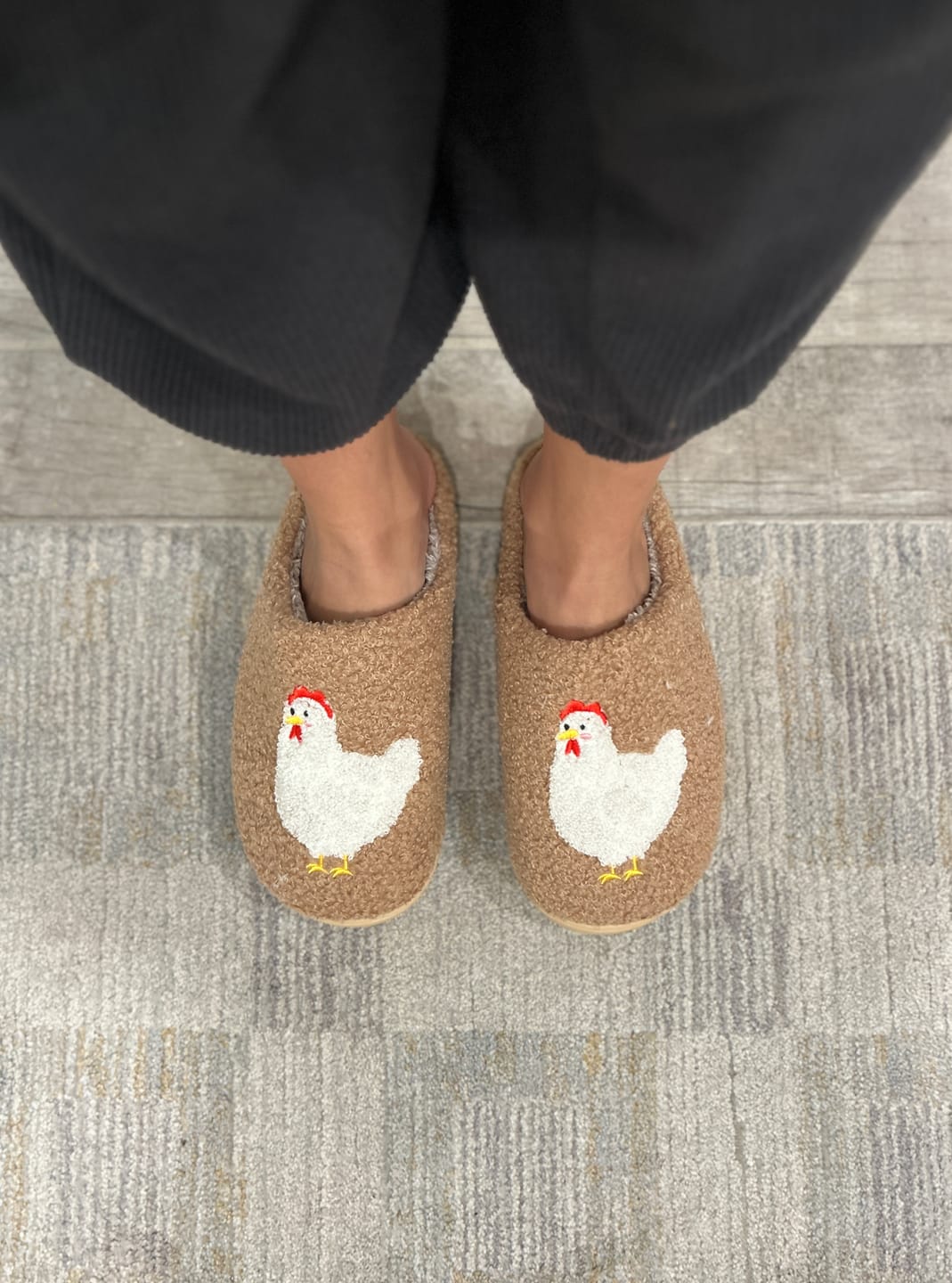 Customer photo review of Brown Fuzzy Chicken Slippers - Adult