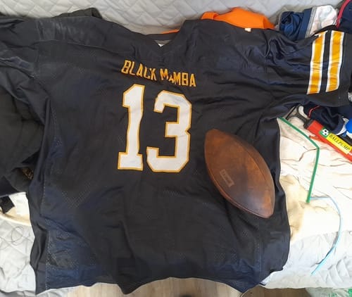 Customer photo review of Custom Black Vegas Gold-White Classic Style Mesh Authentic Football Jersey