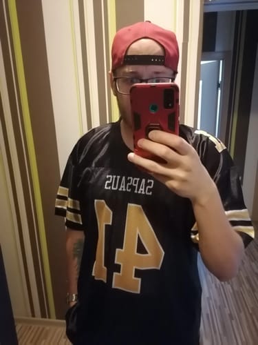 Customer photo review of Custom Red White-Black Classic Style Mesh Authentic Football Jersey