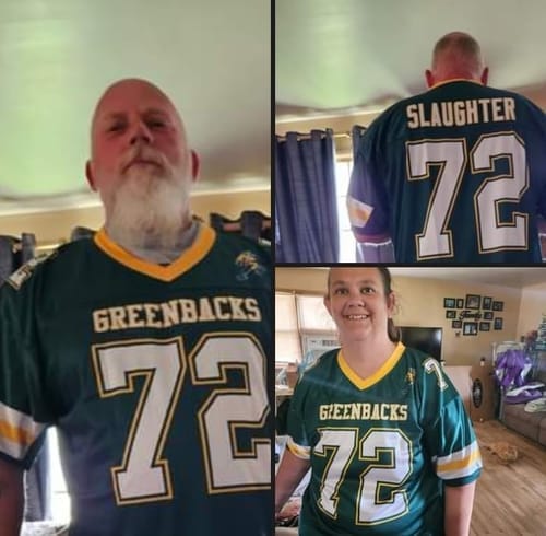 Customer photo review of Custom Purple White-Silver Classic Style Mesh Authentic Football Jersey