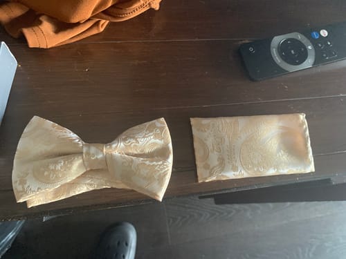 Customer photo review of Champagne Paisley Men Pre-tied Bowtie Pocket Square Cufflinks Set