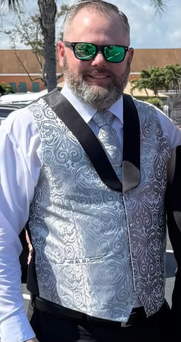 Customer photo review of Ties2you Vest for Men Dark Gray Paisley Silk Shawl Collar Vest Tie Pocket Square Cufflinks Set